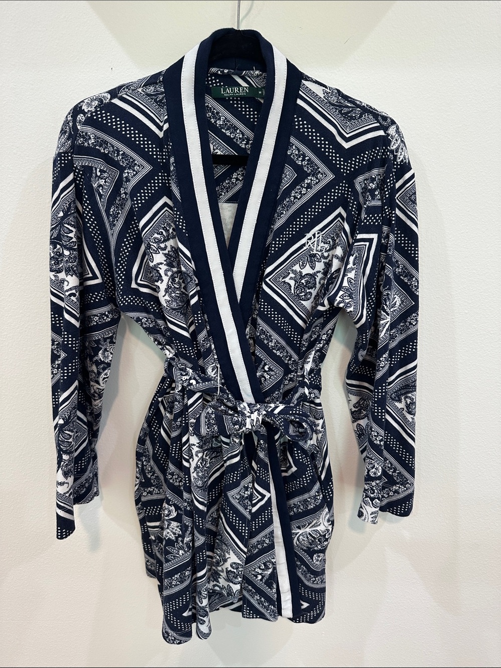 Lauren Ralph Lauren Monogrammed Navy and White Printed Wrap Robe